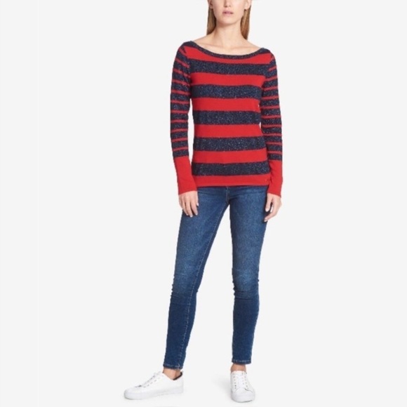 TOMMY HILFIGER Navy Red Stripe Mixed Print Sweater - Picture 1 of 12